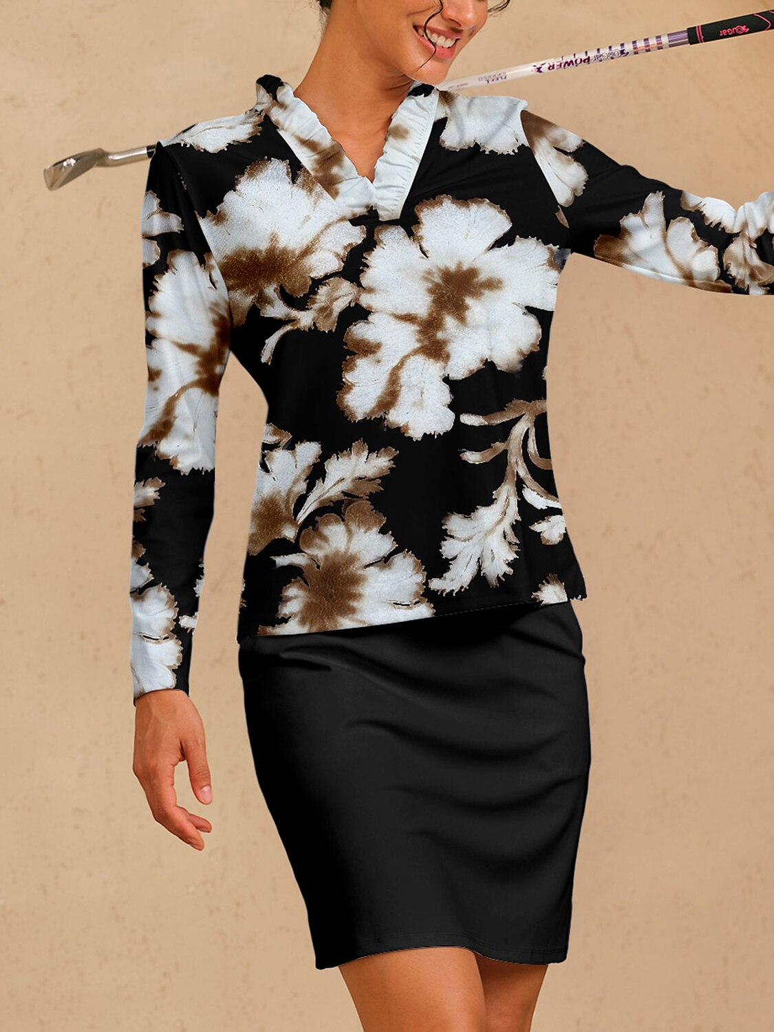 Inked Skins Ruffle V-Neck Silky Polo Top UPF50+