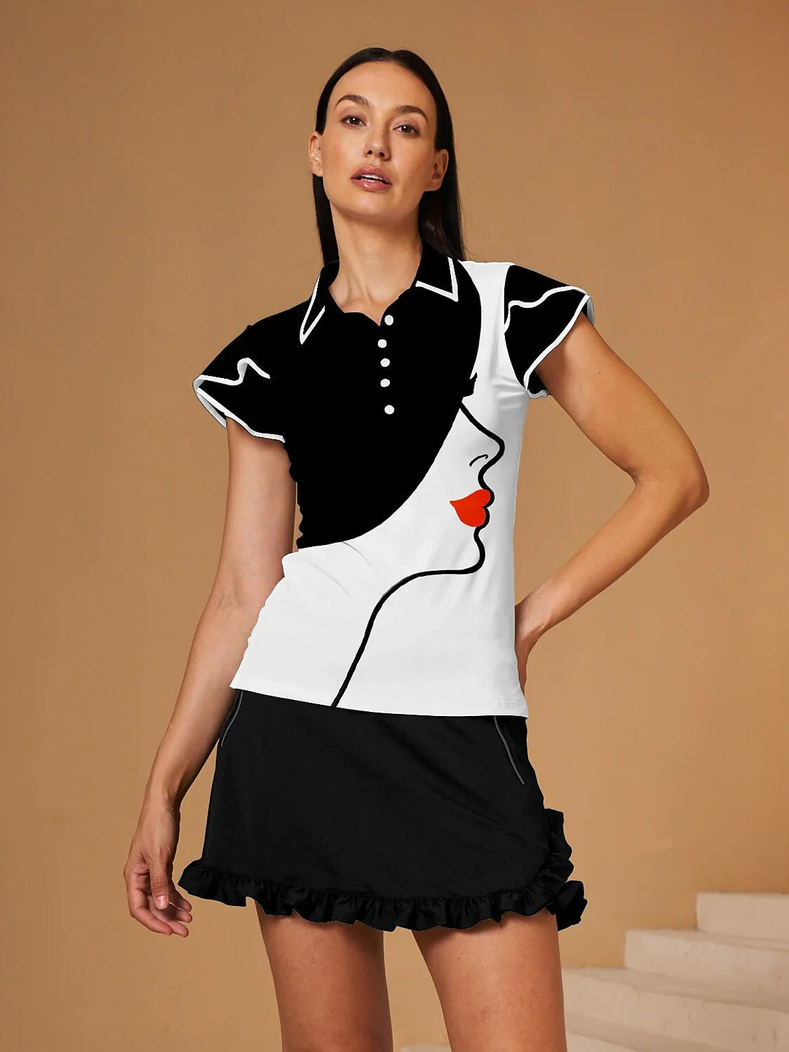 90s Grunge Ruffle Sleeve Polo Top UPF50+